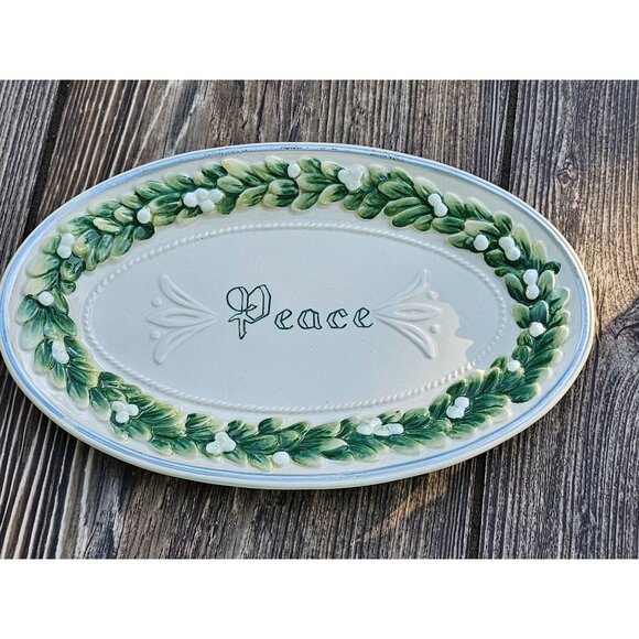 Fitz and Floyd Winter Garden PEACE Oval Platter White w/ Mistletoe 9 1/2" X 6" - Picture 1 of 7